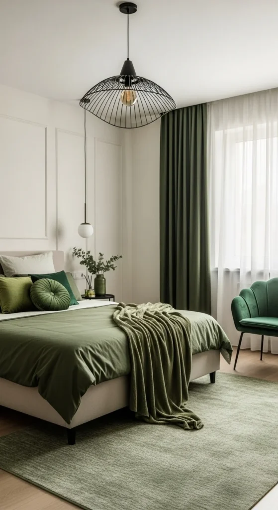 Modern bedroom with green accents like pillows and curtains