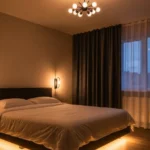Modern bedroom with layered LED lighting creating a cozy ambiance