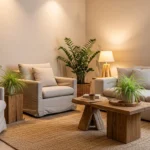 Modern beige living room with cozy textures and natural accents