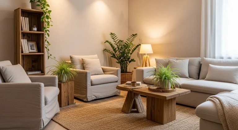 Modern beige living room with cozy textures and natural accents