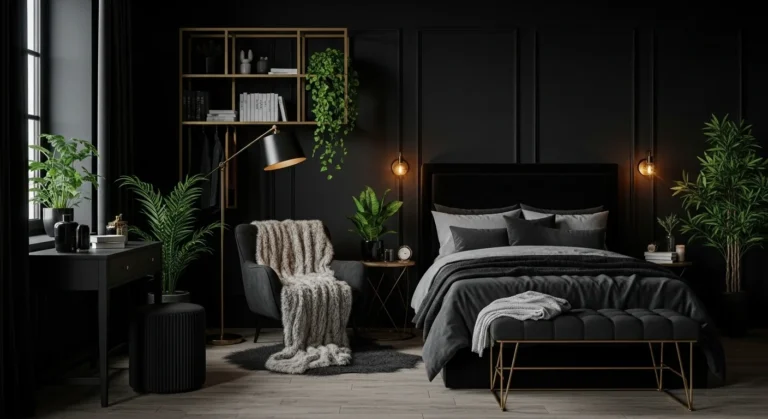 Modern black bedroom with cozy, stylish design