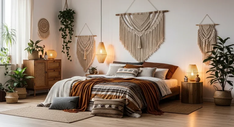 Modern bohemian bedroom with earthy tones and layered decor.