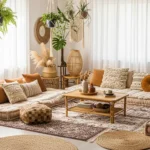 Modern boho living room with layered rugs, plants, and natural textures