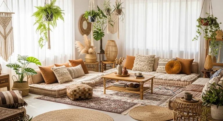 Modern boho living room with layered rugs, plants, and natural textures