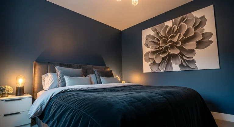 Modern dark bedroom with navy walls, cozy lighting, and plush bedding
