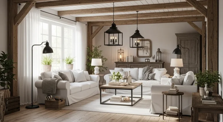 Modern farmhouse living room with rustic beams and cozy decor