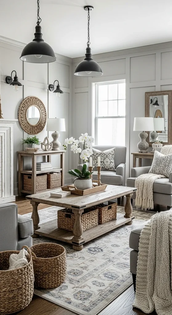 6 Stylish Grey Living Room Ideas for Every Design Style Modern farmhouse living room with warm grey walls and rustic wood
