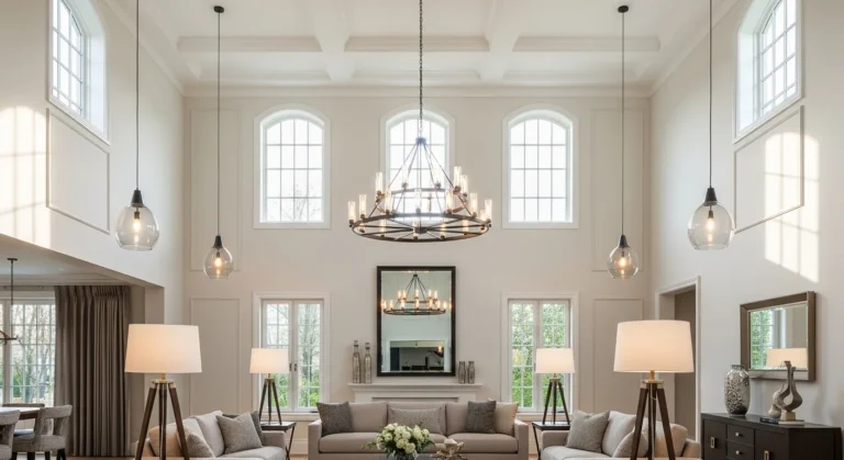 Modern high-ceiling living room with layered lighting and stylish decor