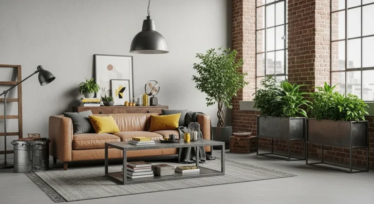 Modern industrial living room with exposed brick, leather sofa, and metal accents in a loft-style space