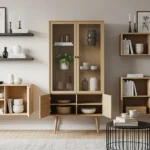 Modern living room featuring stylish shelving with books and decor