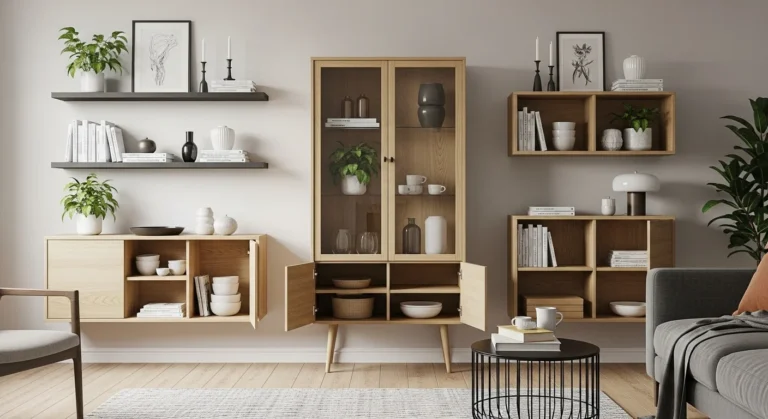 Modern living room featuring stylish shelving with books and decor