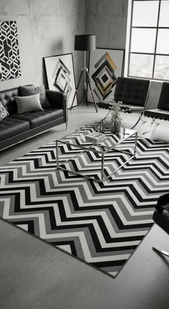 7 Stunning Living Room Rug Designs That Will Transform Your Space Modern living room with bold geometric patterned rug