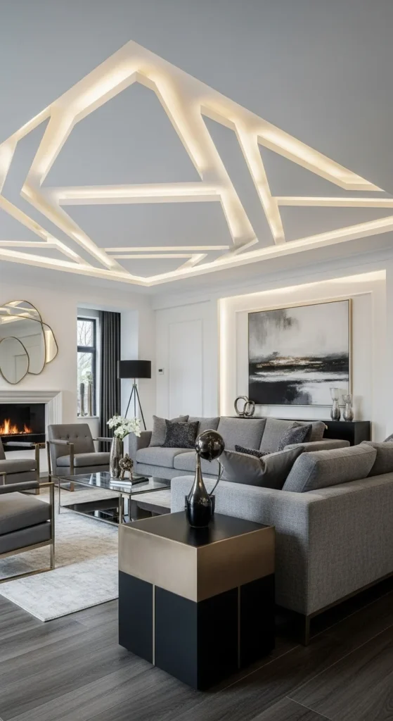 7 Popular Living Room False Ceiling Designs Modern living room with geometric Pop false ceiling