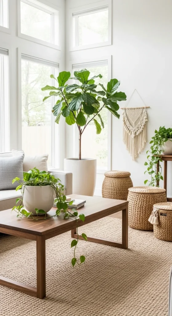 6 Elegant Living Room Ideas Modern living room with indoor plants and natural textures