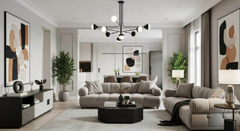 Modern living room with smart lighting, bold sofa, and greenery