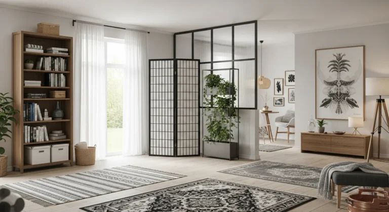 Modern living room with various stylish room dividers including bookcase, curtains, plants, and glass partition