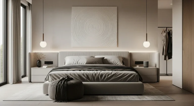 Modern luxury master bedroom with minimalist design and natural light