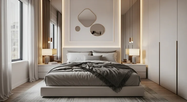 Modern luxury small bedroom with layered textures and smart layout