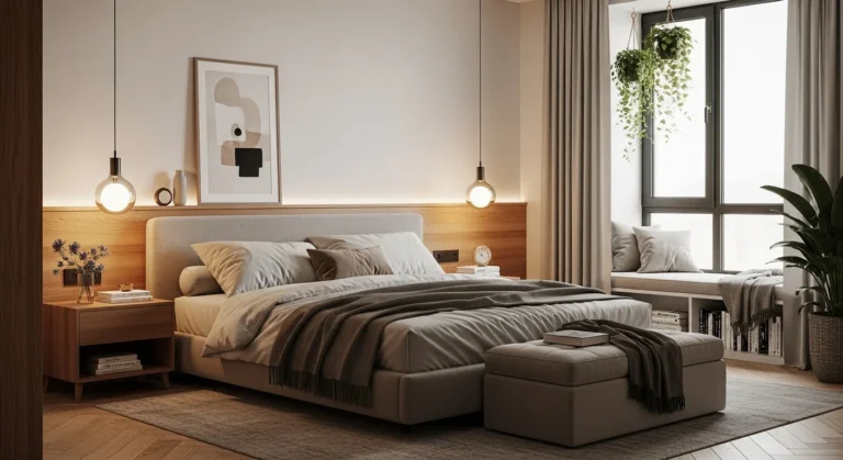 Modern minimalist bedroom with wooden accents and soft lighting