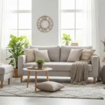 Modern minimalist living room with neutral tones and natural light