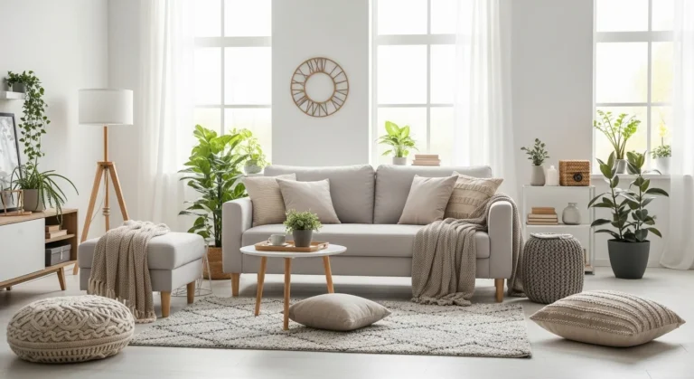 Modern minimalist living room with neutral tones and natural light