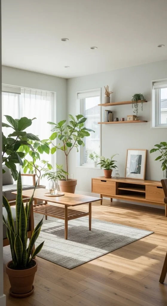 Modern minimalist room with houseplants and natural decor