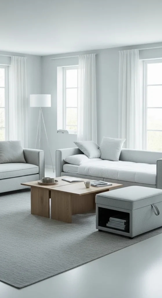Modern minimalist space with smart multifunctional furniture