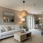Modern neutral living room with cream sofa and cozy decor
