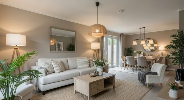 Modern neutral living room with cream sofa and cozy decor