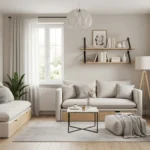 Modern small apartment living room with light colors and space-saving furniture