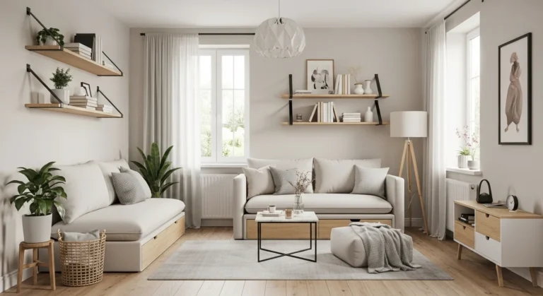 Modern small apartment living room with light colors and space-saving furniture