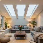 Modern sunken living room with smart technology and speakers