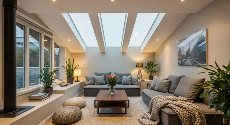 Modern sunken living room with smart technology and speakers