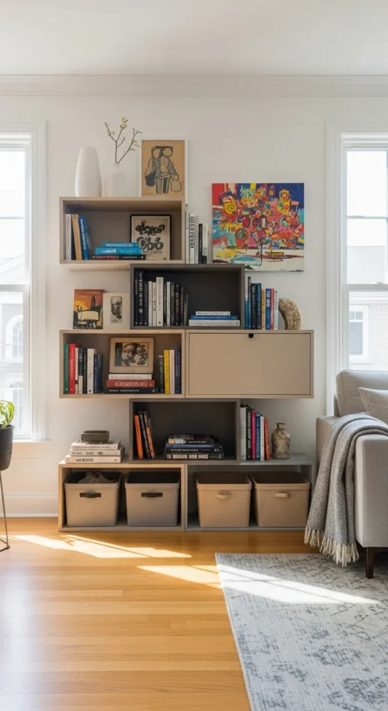 8 Best Living Room Shelving Ideas Modular shelves with books and decor in a modern living room