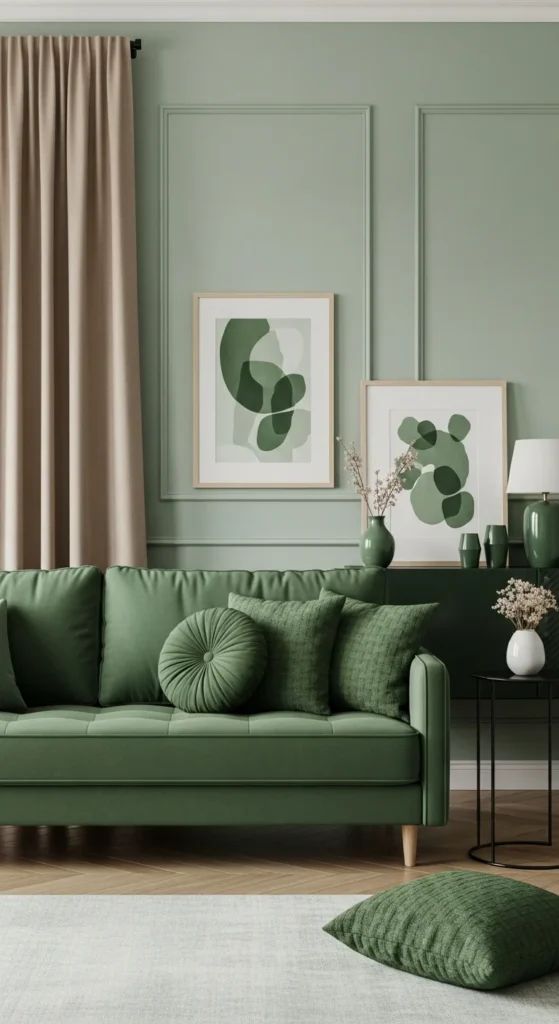 5 Stylish Green Sofa Living Room Ideas Monochromatic green living room with matching green sofa and cushions