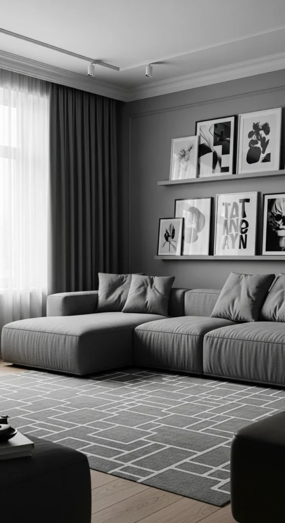 7 Gray Couch Living Room Ideas to Replace Leather Monochrome gray living room with gray couch and black-and-white accents