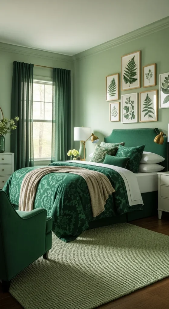 Monochrome green bedroom with coordinated shades and decor