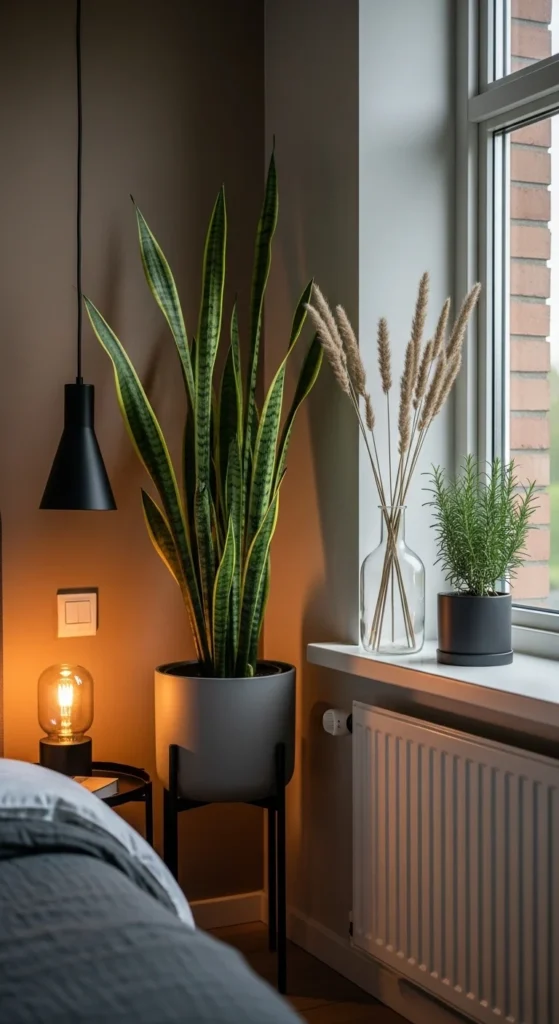 Moody bedroom corner with snake plant and dried flowers