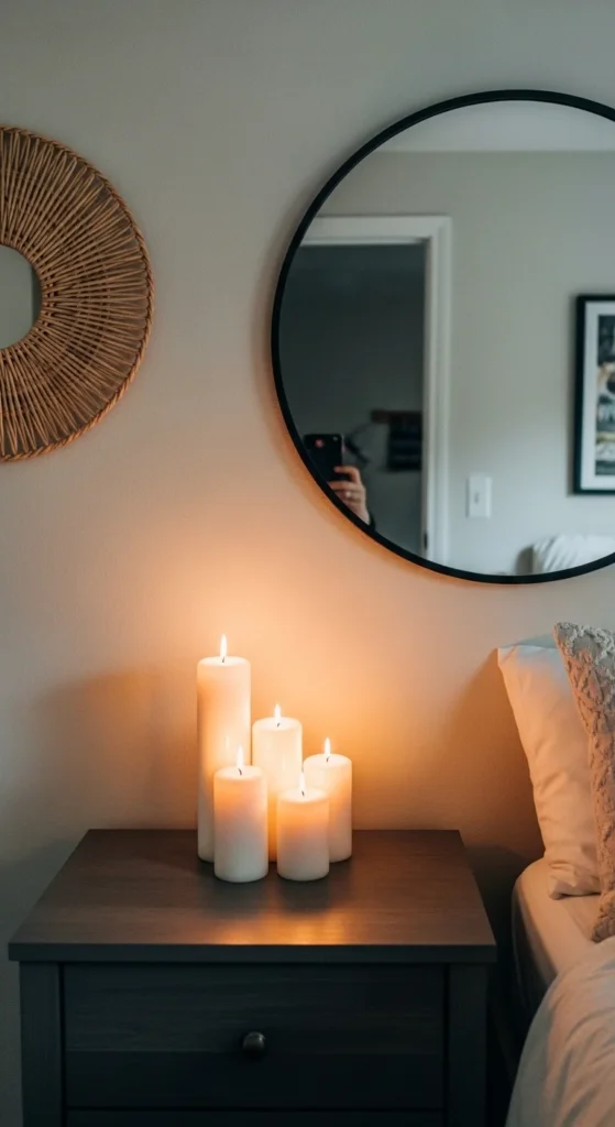 Moody bedroom decor with candles, mirror, and wall hanging