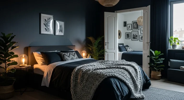 Moody bedroom with navy walls, layered lighting, and cozy bedding