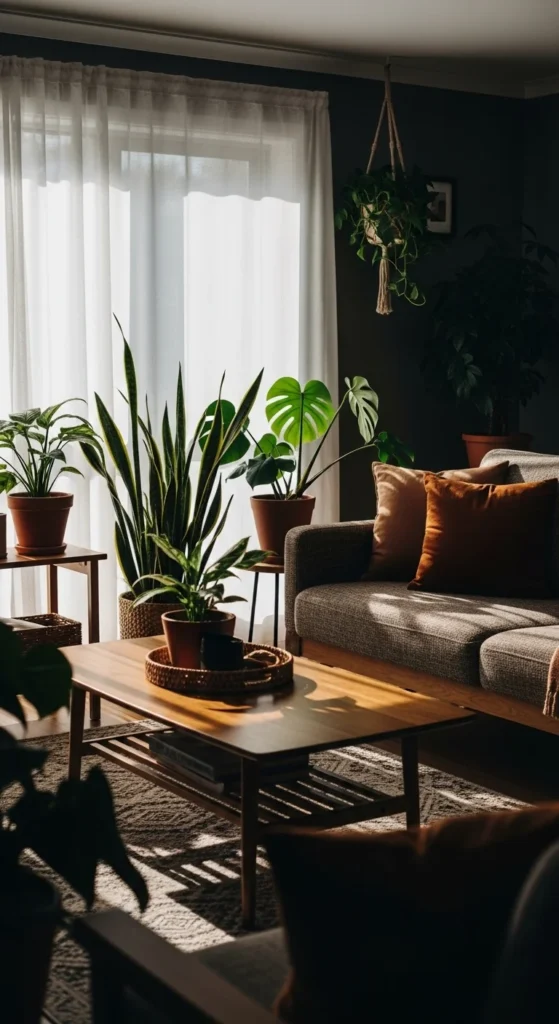8 Moody Living Rooms That Feel Like a Cozy Retreat Moody living room with indoor plants and natural light