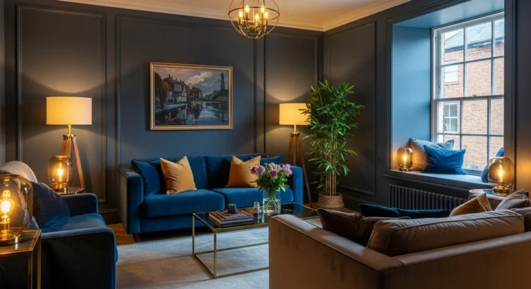 Moody navy-toned living room with cozy, layered lighting and a reading nook