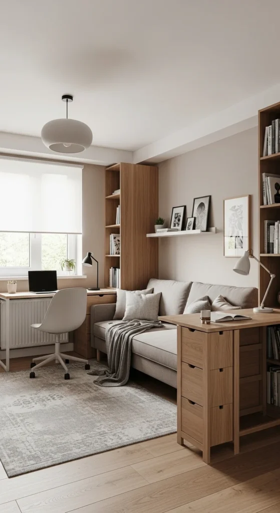 6 Long Narrow Living Room Layouts That Really Work Multi-functional living room with workspace and foldable table