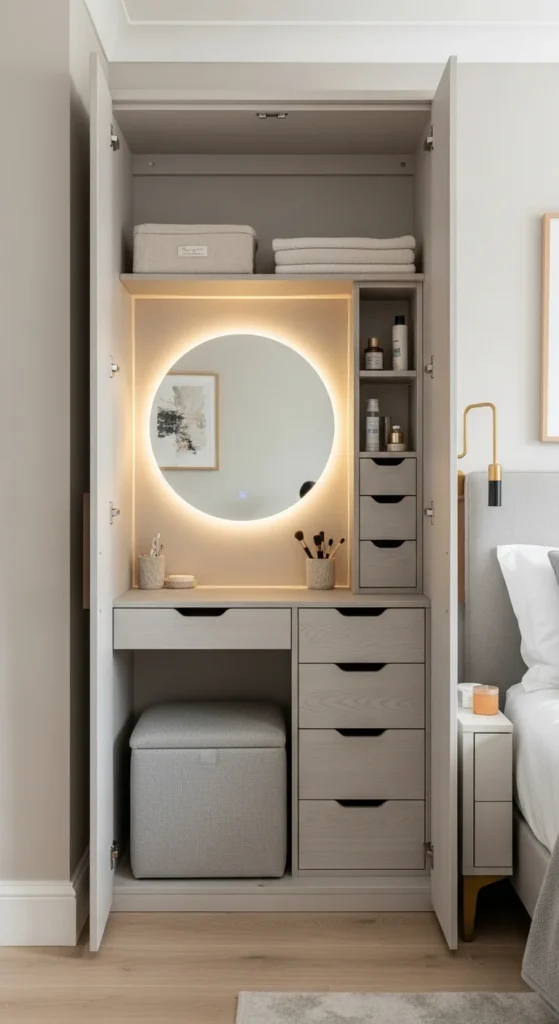 7 Latest Bedroom Cupboard Designs for Smart Storage Multi-use cupboard doubling as a vanity in small bedroom