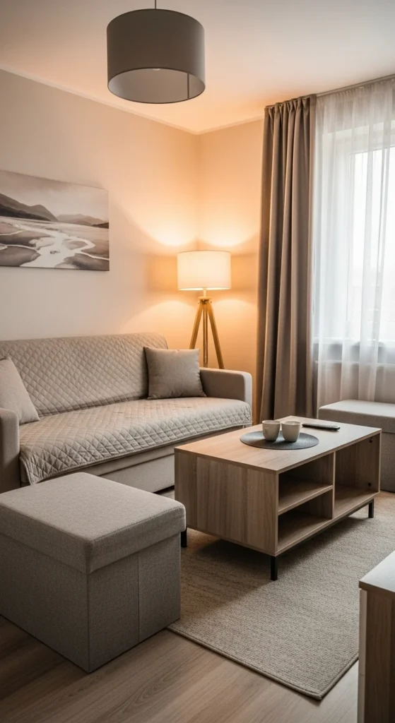 Multifunctional furniture in a cozy apartment living room