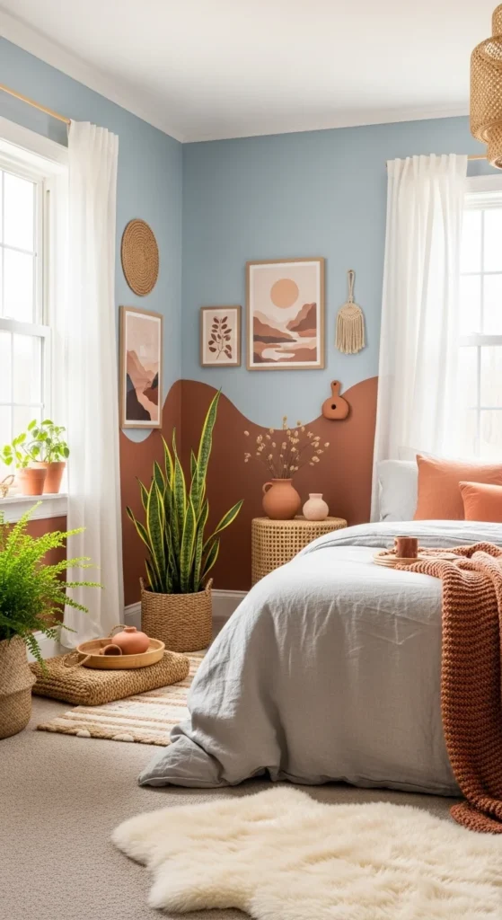 8 Stylish Blue Bedroom Ideas for a Serene Atmosphere Muted blue bedroom paired with earthy decor accents