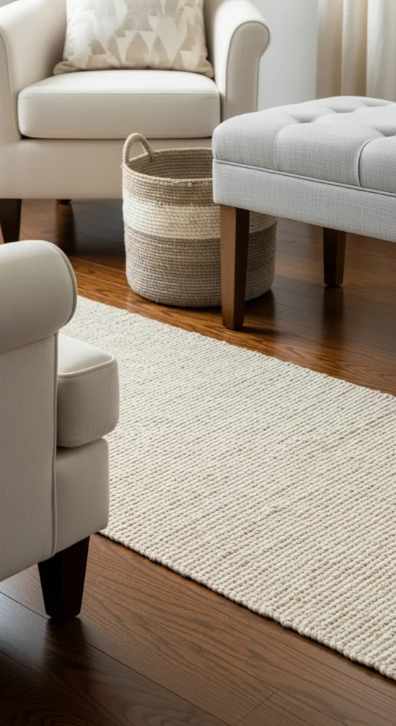 7 Cozy Country-Style Living Room Rug Ideas Natural cotton and jute runner in a cozy country living room