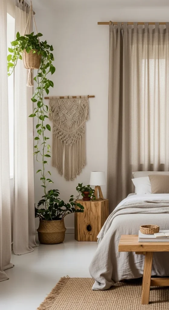 7 Chic Bedroom Curtain Ideas for a Peaceful Night’s Sleep Natural linen curtains in an eco-friendly, rustic bedroom
