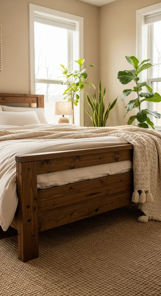 10 Warm Bedroom Aesthetic Ideas for a Comfy Retreat Natural wood and cotton textures in a cozy bedroom