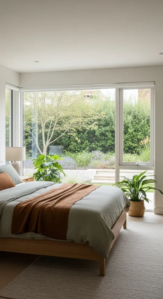 Nature-inspired bedroom with plants, wood furniture, and garden view